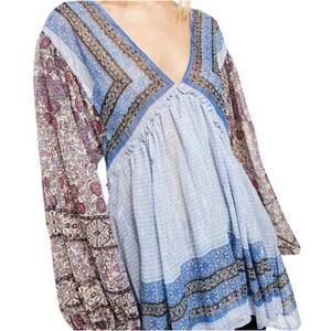 Free People Tunic Blouse Aliyah Blue Combo XS Babydoll Balloon Sleeves Boho Top